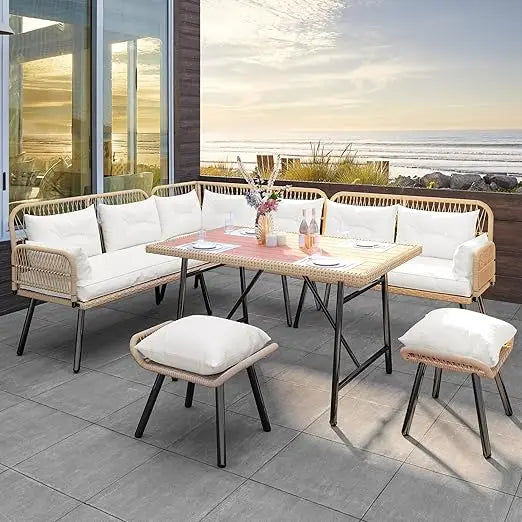 Patio Wicker L Shaped Outdoor Furniture Set With Cushions