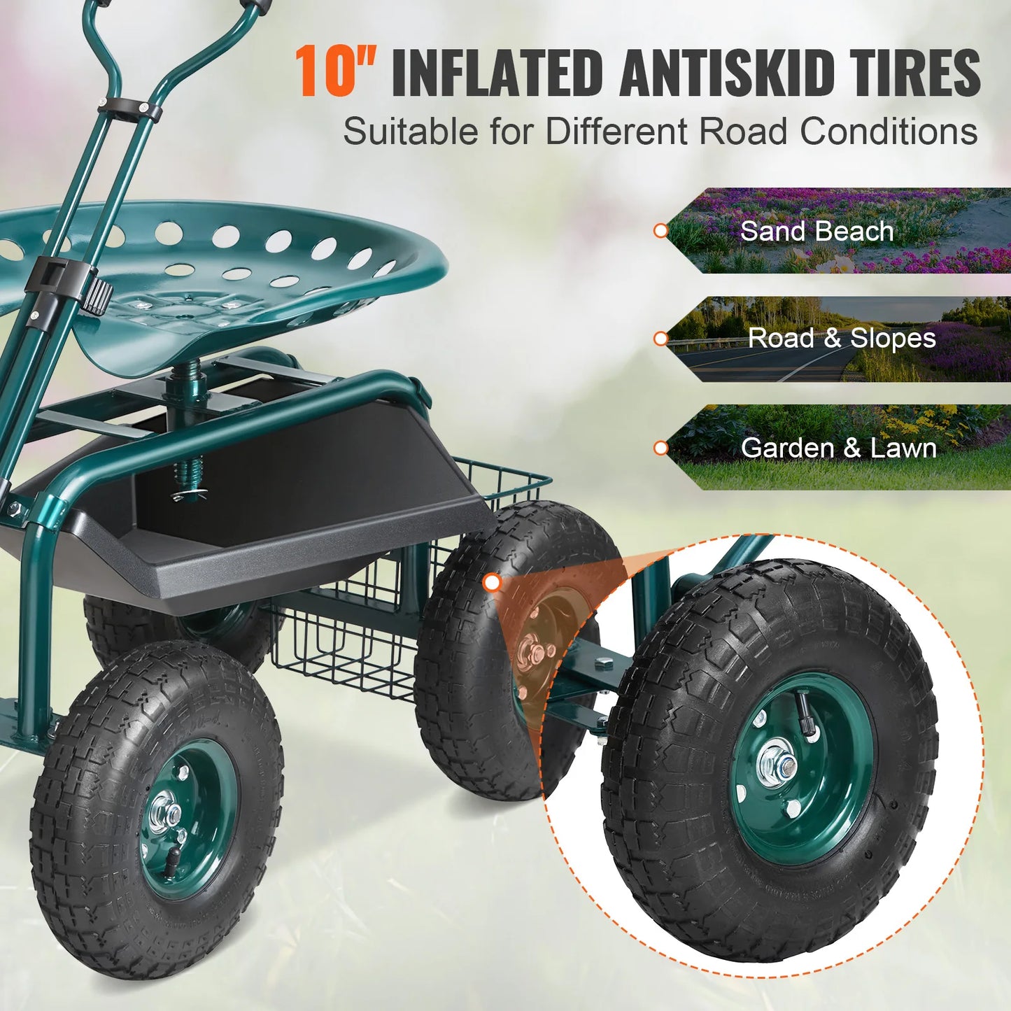 SucceBuy Rolling Garden Cart Seat With Wheels And Swivel