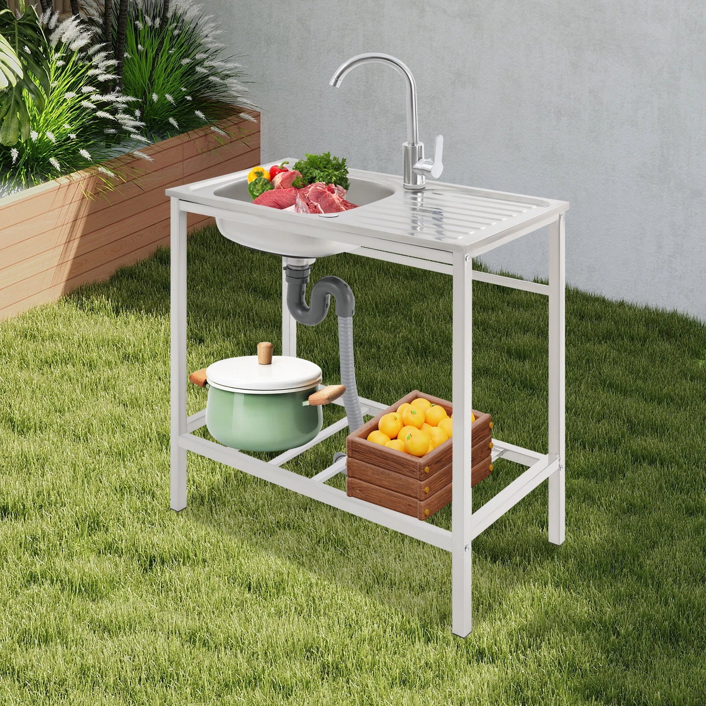 Free Standing Stainless Steel Kitchen Sink With Faucet And Shelf