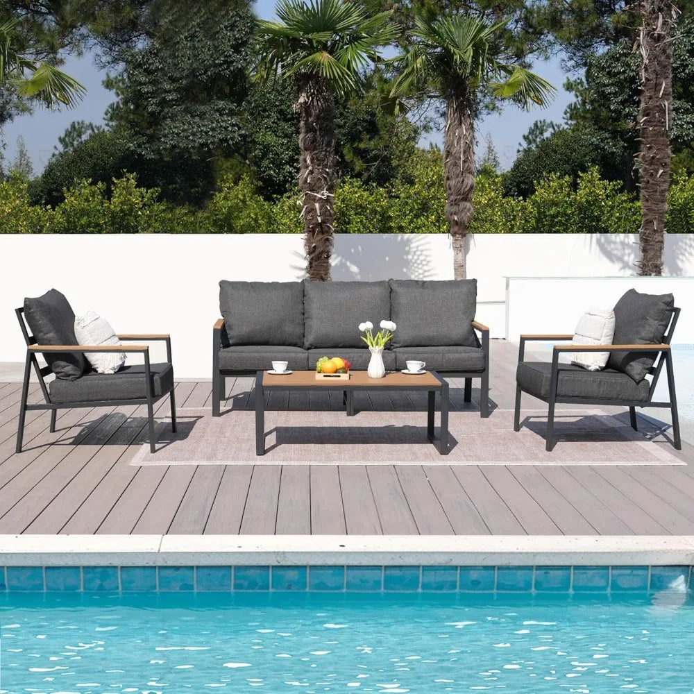 Patio 4 Piece Outdoor Conversation Set With Faux Wood Armrests
