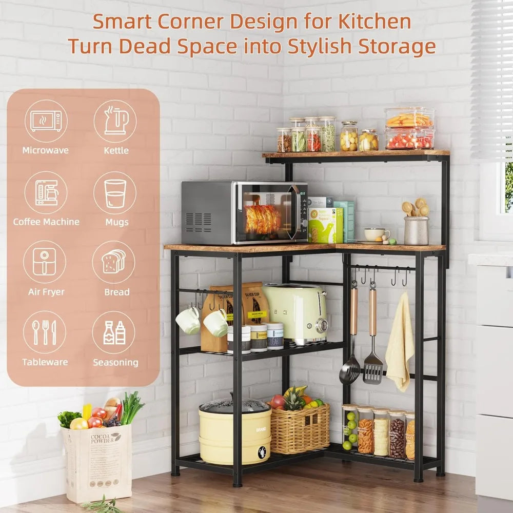 RBXC Corner Bakers Rack With Storage 4 Tiers 9 Hooks