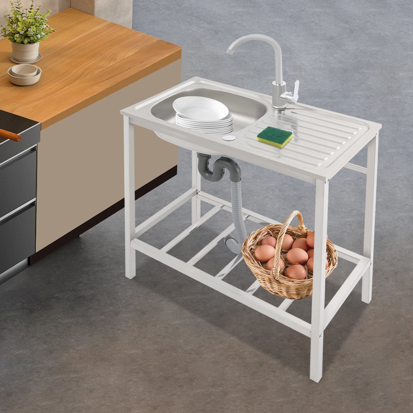 Free Standing Stainless Steel Kitchen Sink With Faucet And Shelf