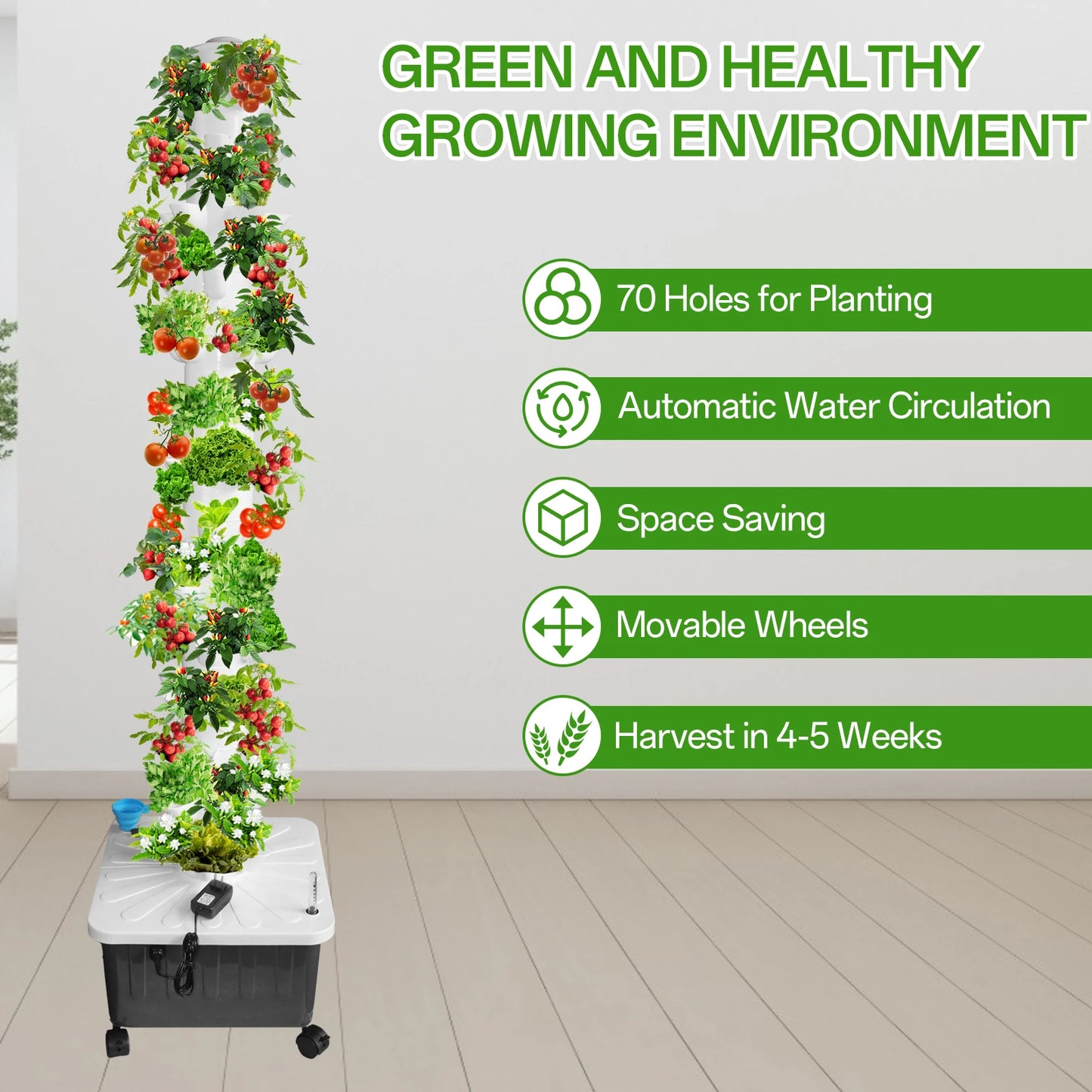Hydroponic Tower Garden 70 Plant Vertical Growing System With Silent Pump
