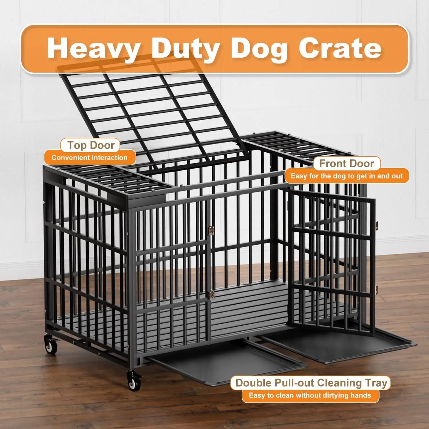 54 Inch Heavy Duty Dog Crate with Wheels, Escape-Proof Kennel with Locking Latch & Double Door, XL XXL Cage for Large Dogs