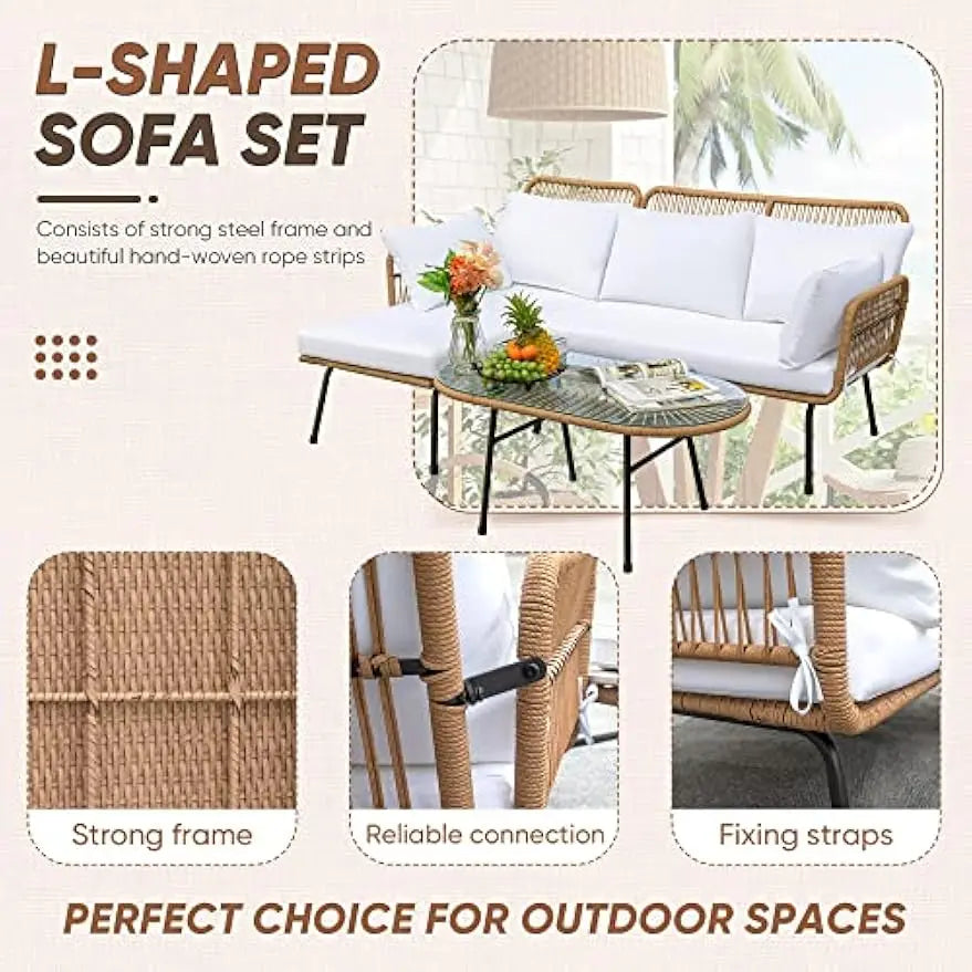 Outdoor L-Shaped Rope Sofa Set With Table And Cushions