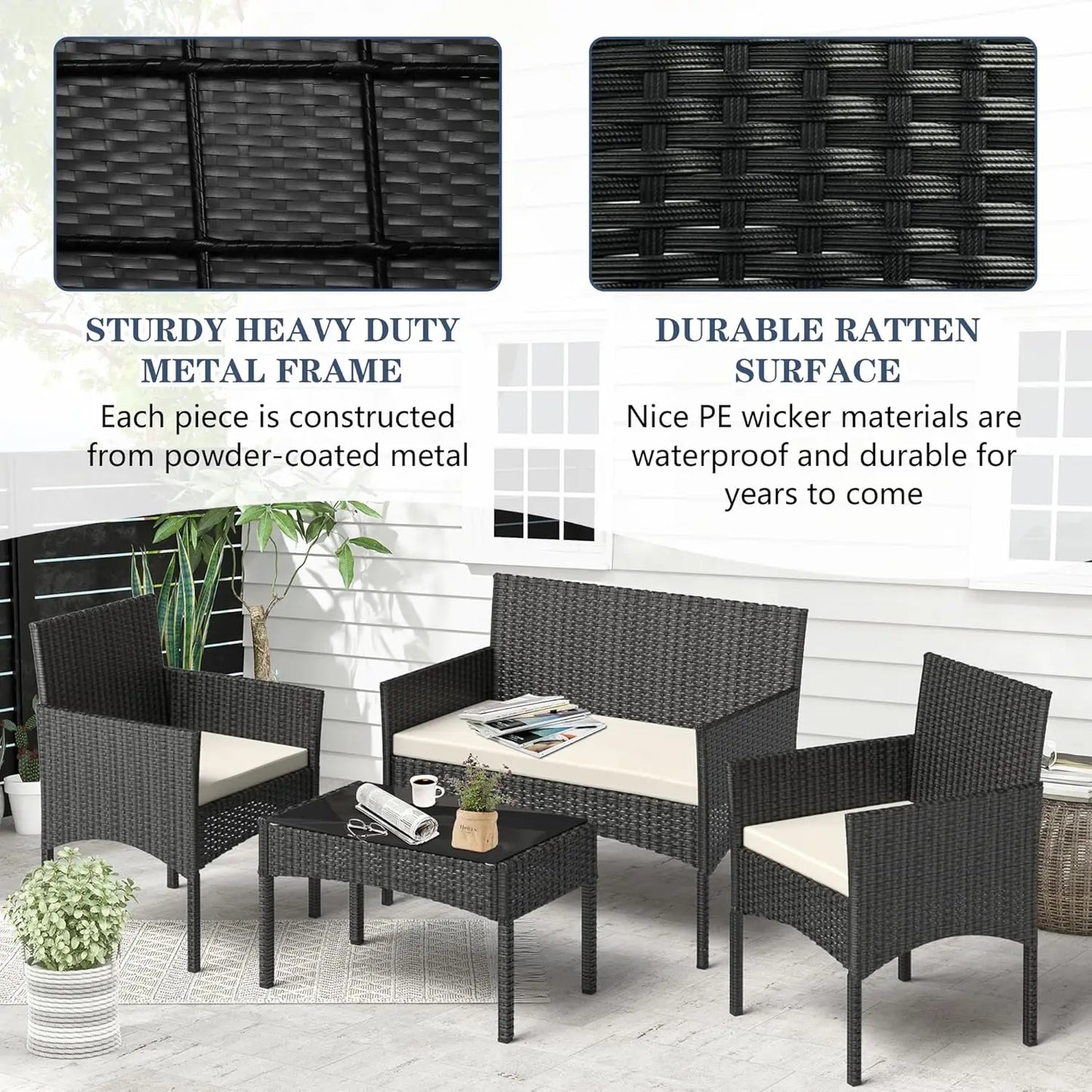 Outdoor Wicker Rattan Patio Conversation Set With Waterproof Cushions Table