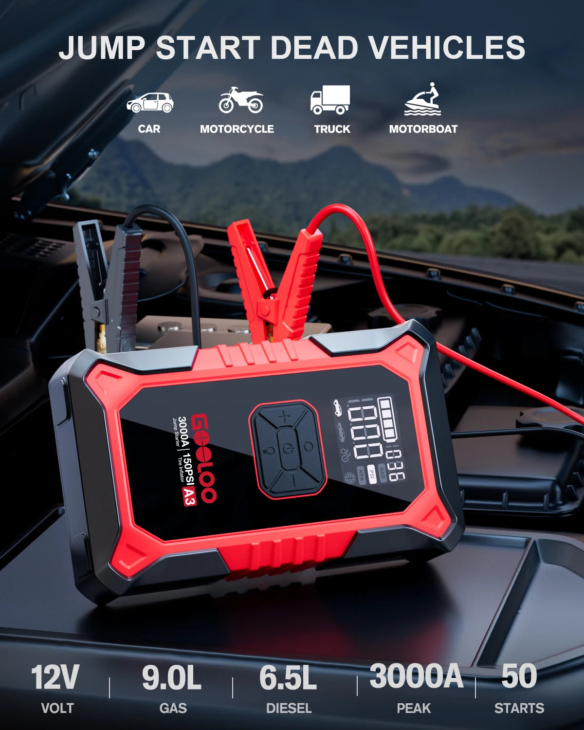 GOOLOO A3 Jump Starter With Portable Air Compressor 3000A