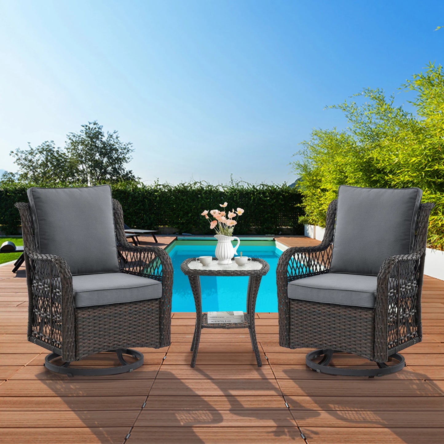 HobbyLane 3-Piece Outdoor Wicker Swivel Chair Set With Side Table