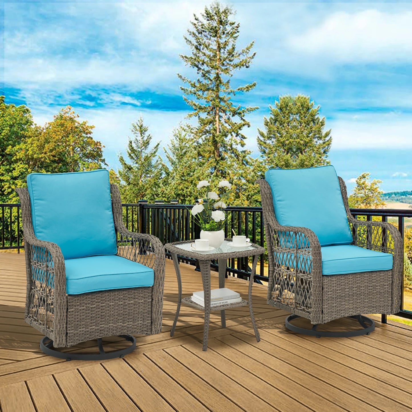 HobbyLane 3-Piece Outdoor Wicker Swivel Chair Set With Side Table