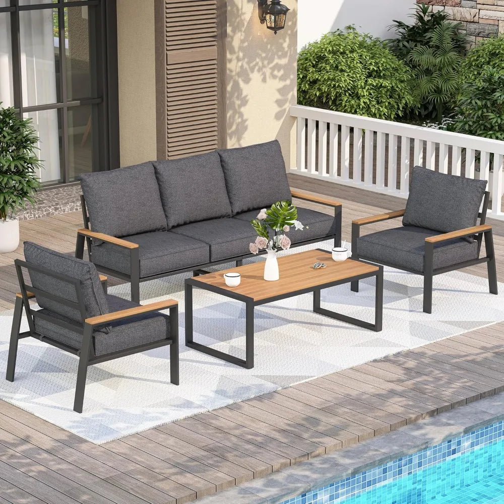 Patio 4 Piece Outdoor Conversation Set With Faux Wood Armrests