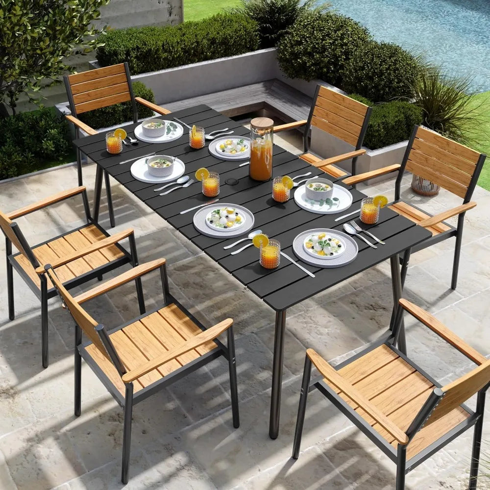 Outdoor Dining Table for 6 With Aluminum Frame and Wood Look Top Umbrella Hole