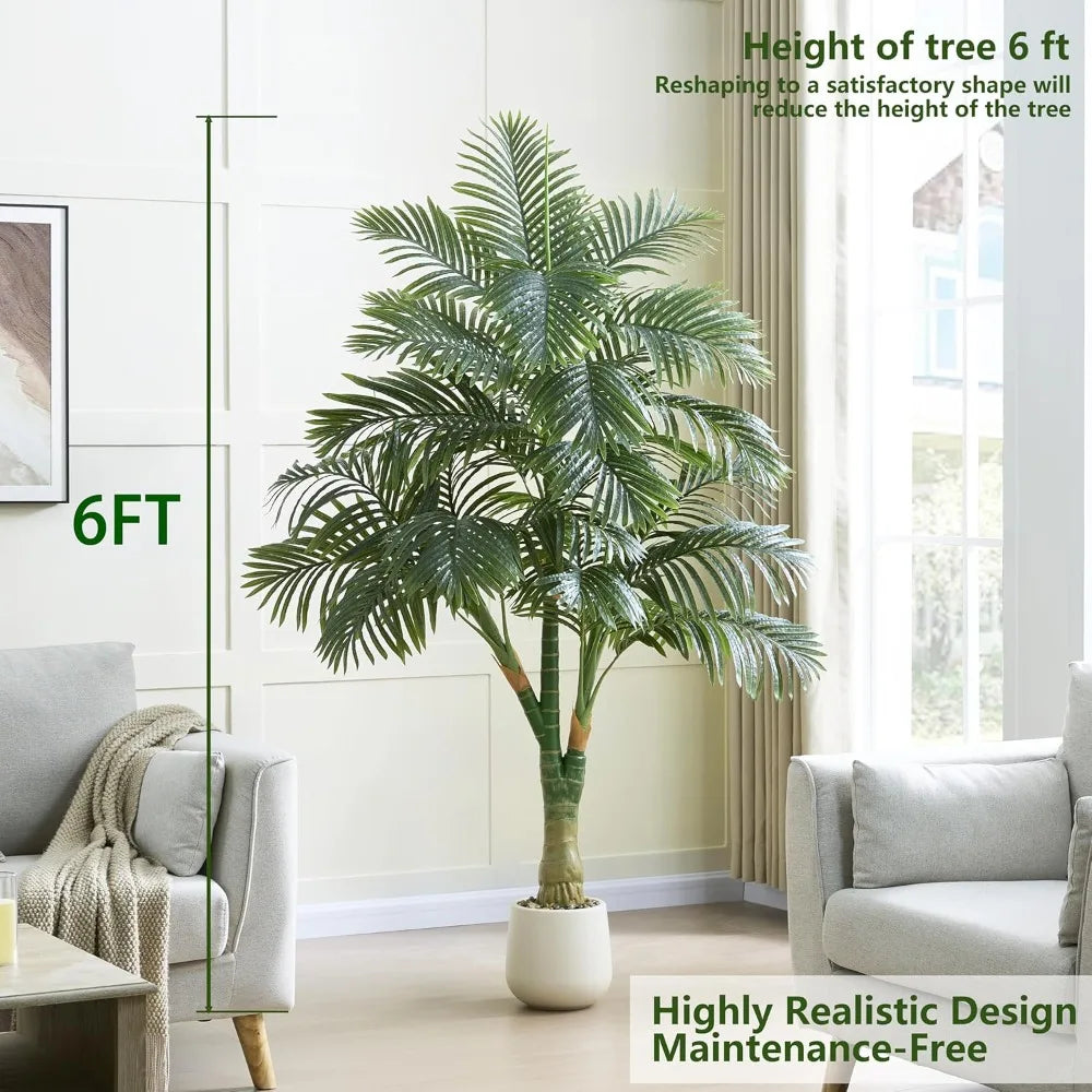 6-Foot Tall Artificial Golden Cane Palm Tree with Triple Realistic Trunks - Large Faux Tropical Palm