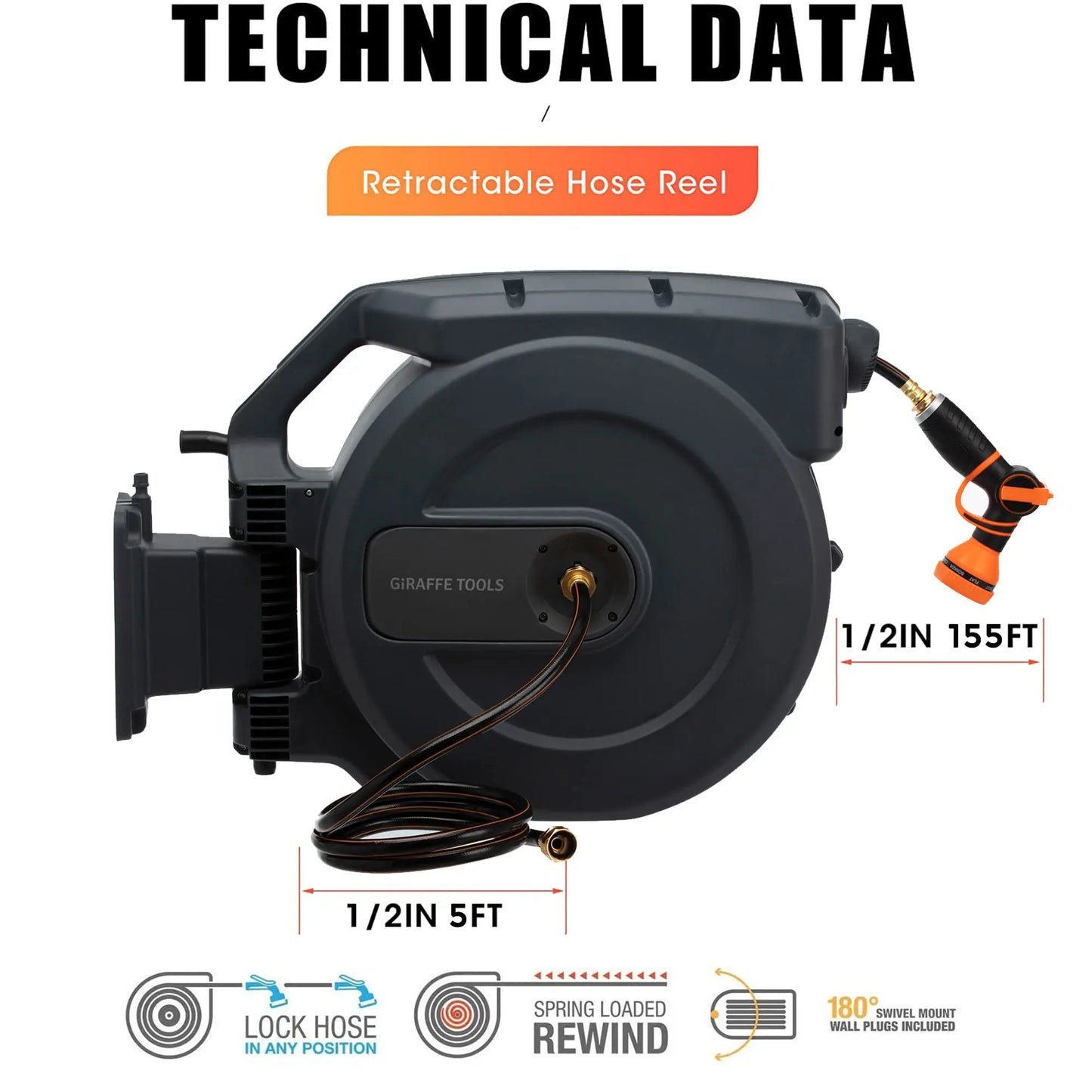 Giraffe Tools AW50 Hose Reel Heavy Duty Retractable Garden Hose