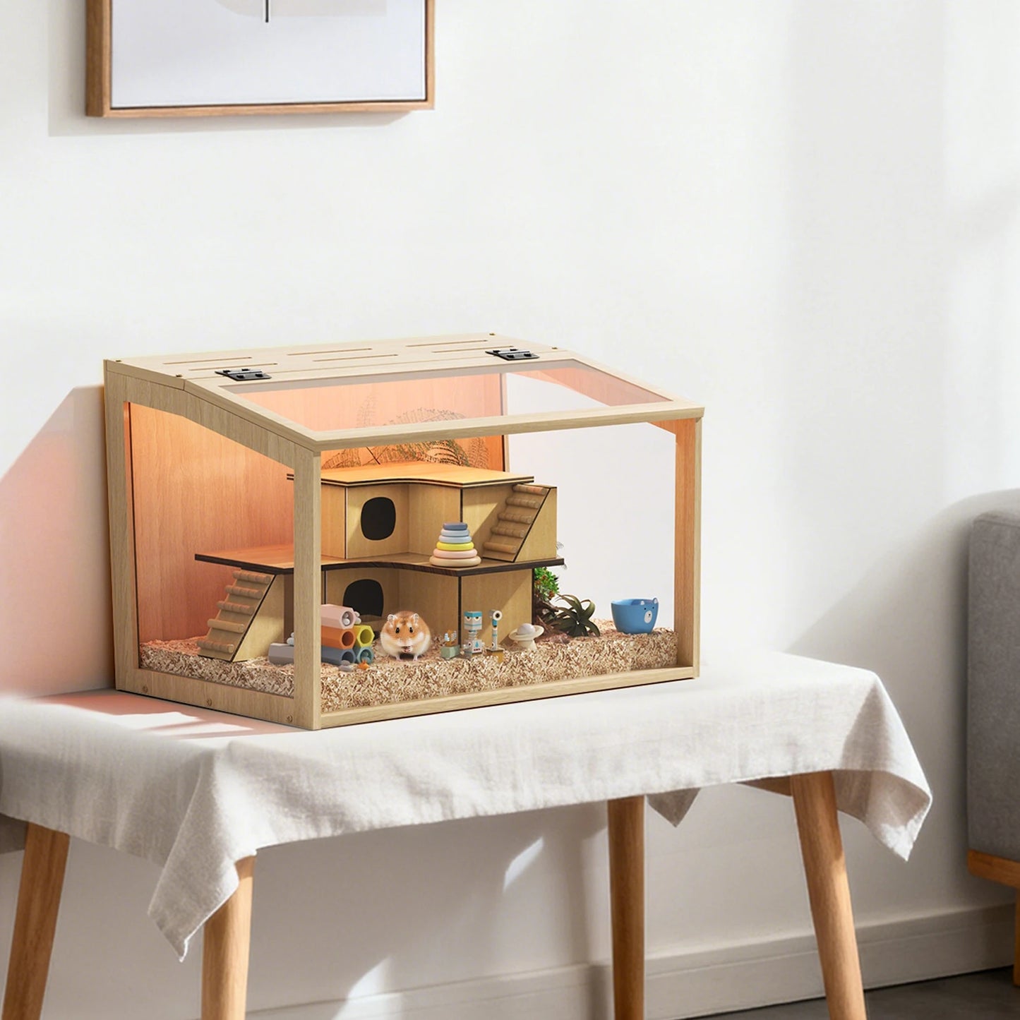Wooden Small Animal Cage With Tempered Glass Panels