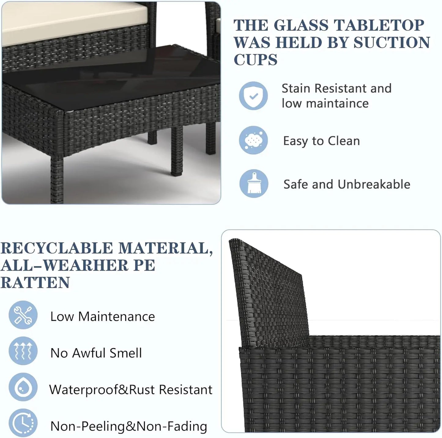 Outdoor Wicker Rattan Patio Conversation Set With Waterproof Cushions Table