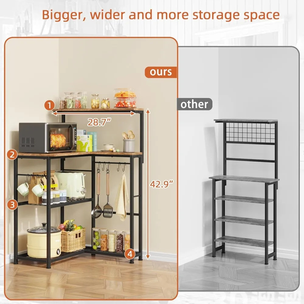 RBXC Corner Bakers Rack With Storage 4 Tiers 9 Hooks