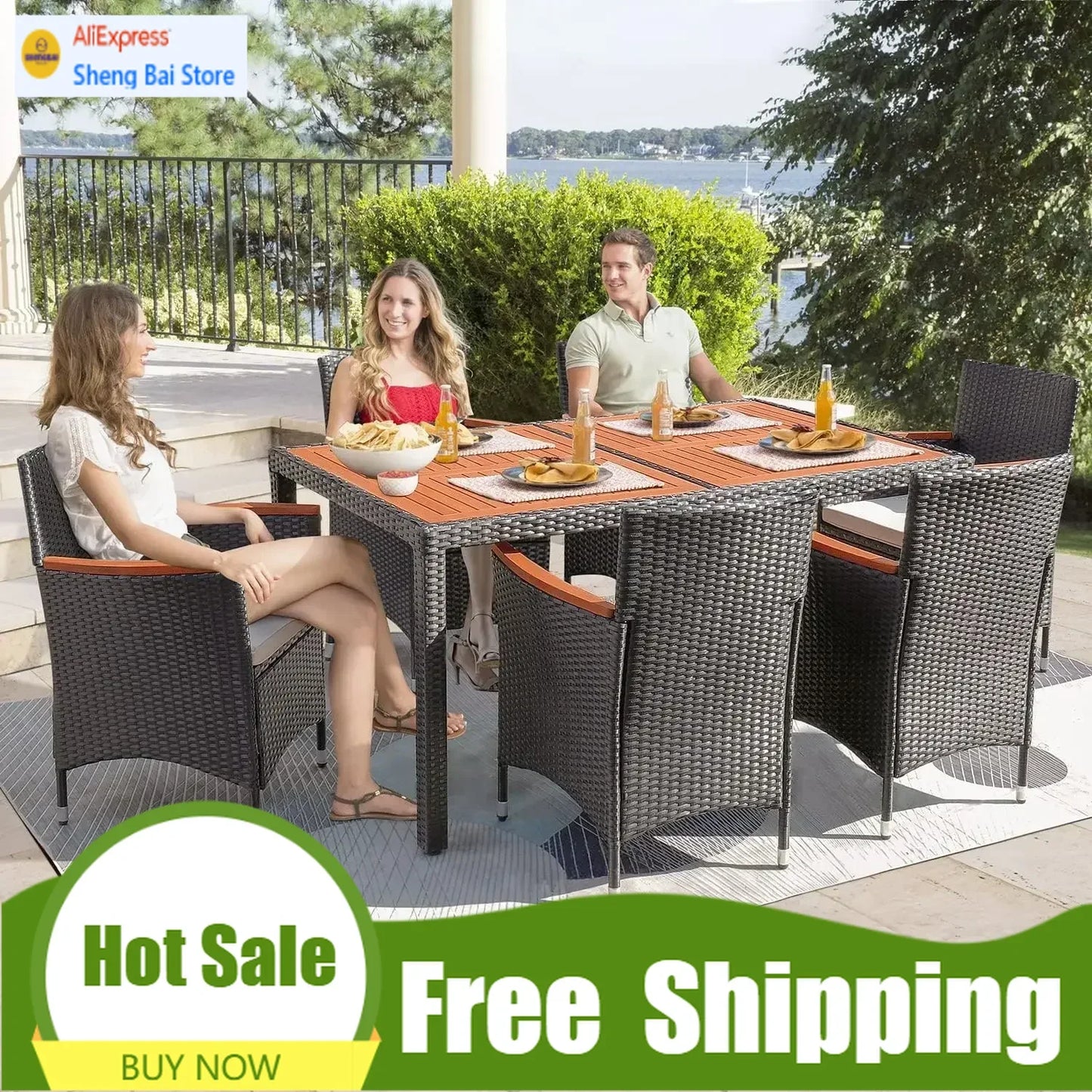 7-Piece Patio Dining Set Acacia Wood Table And Soft Cushions