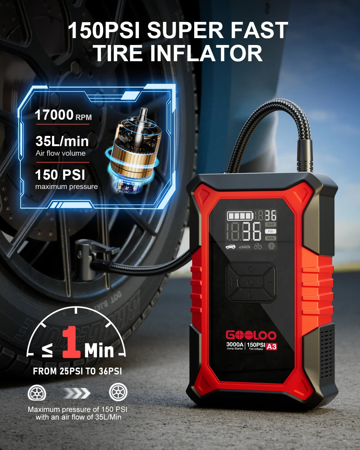 GOOLOO A3 Jump Starter With Portable Air Compressor 3000A