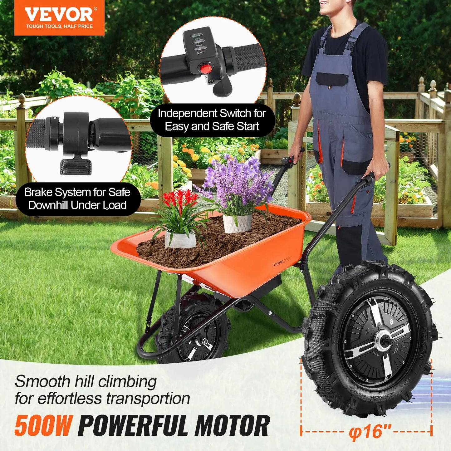 Electric Wheelbarrow Dump Cart Heavy Duty All Terrain Utility Yard Wagon