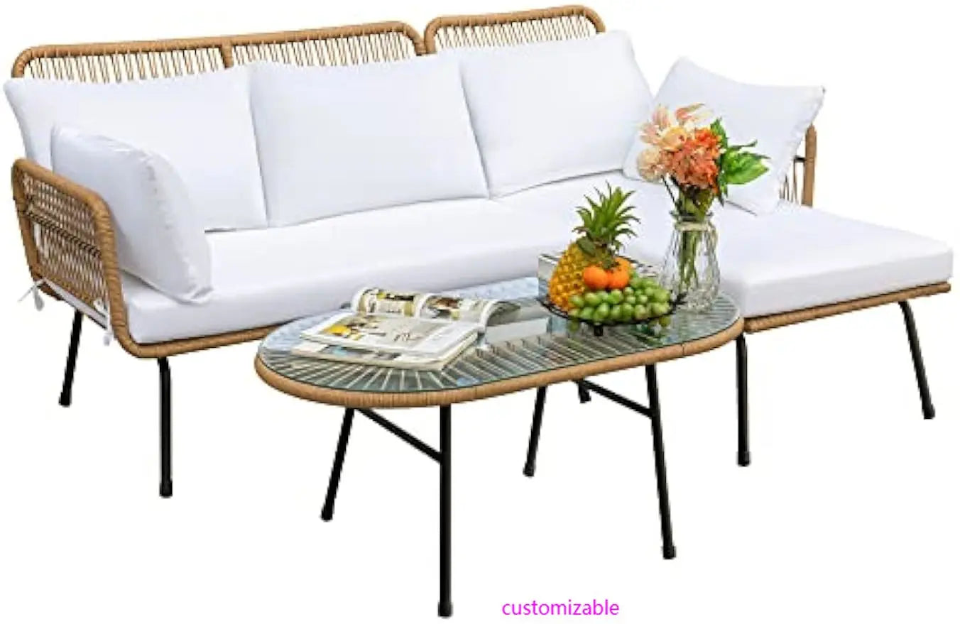 Outdoor L-Shaped Rope Sofa Set With Table And Cushions