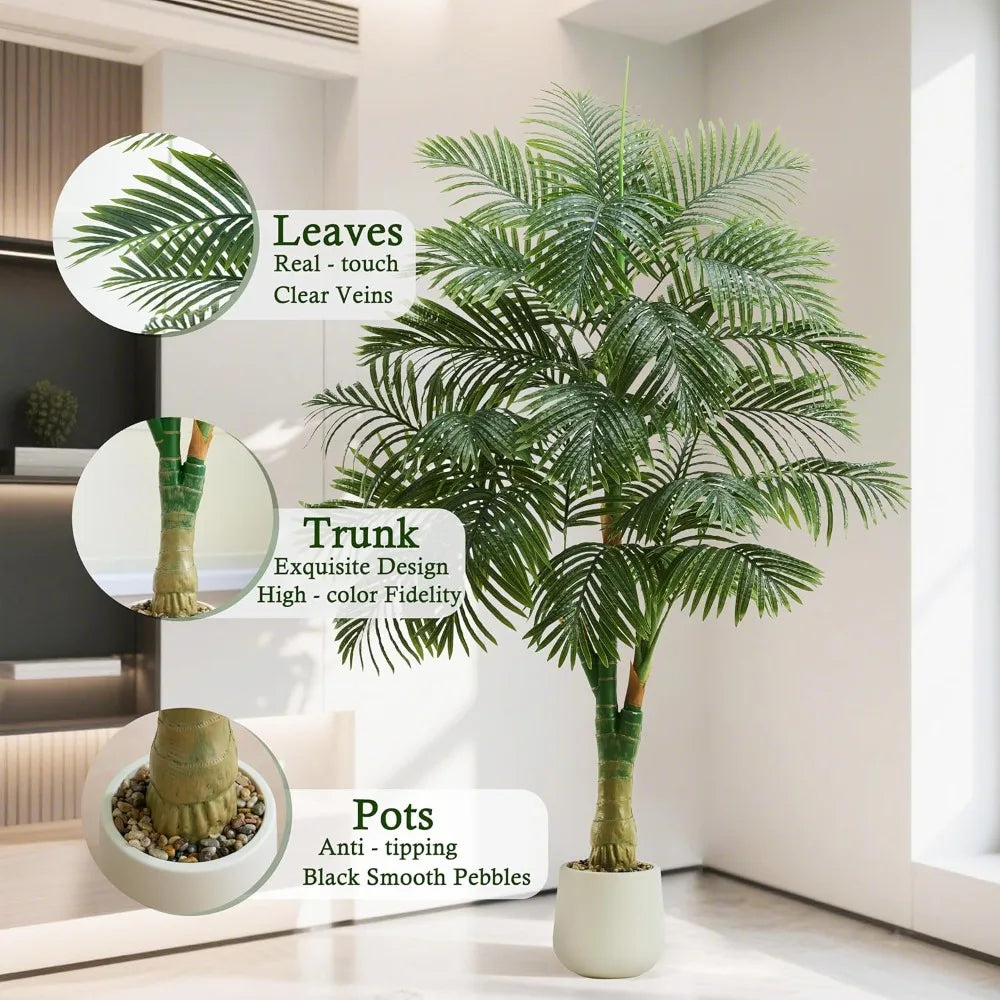 6-Foot Tall Artificial Golden Cane Palm Tree with Triple Realistic Trunks - Large Faux Tropical Palm