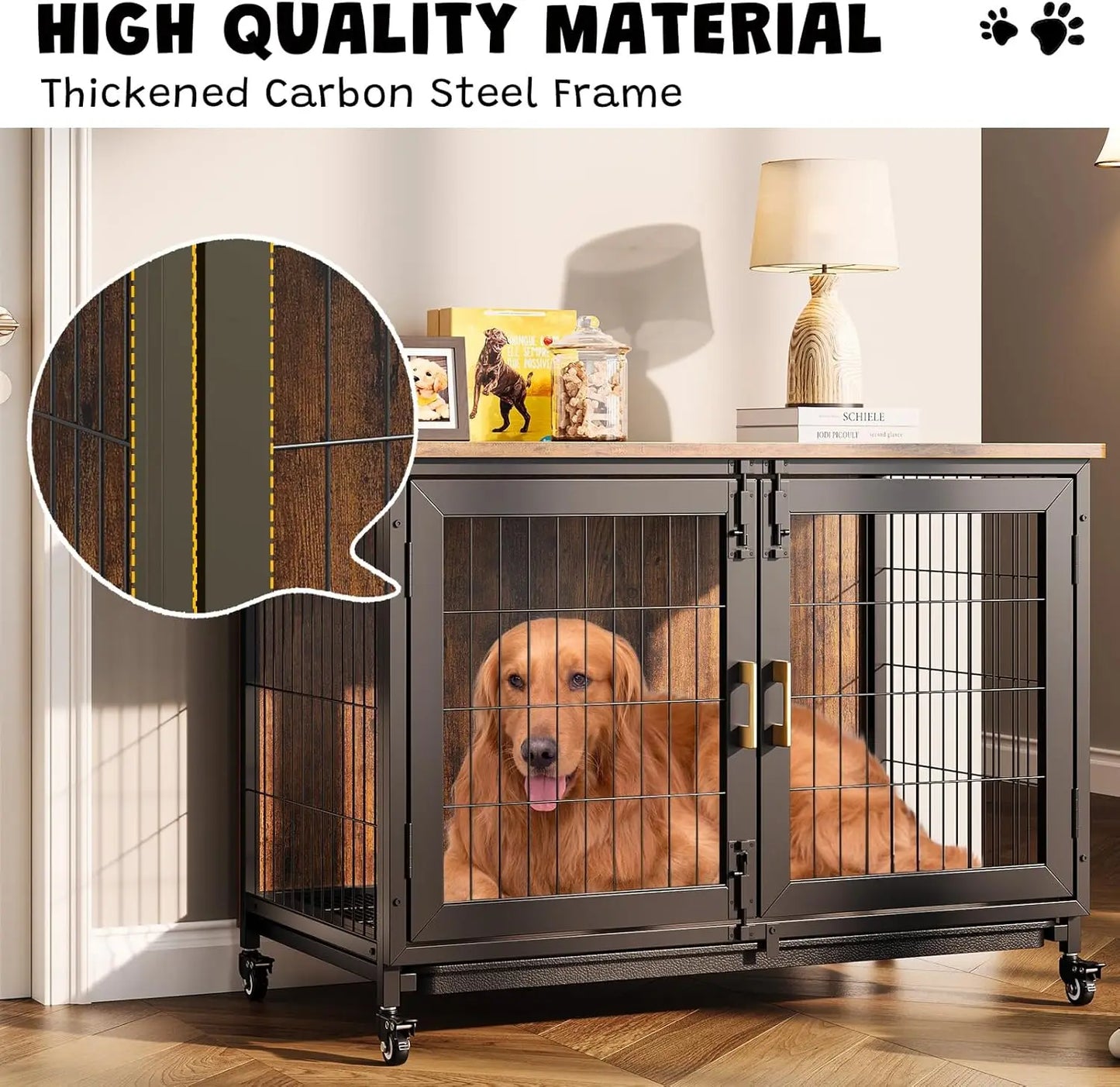 HiMISS Wooden Dog Crate With Wheels