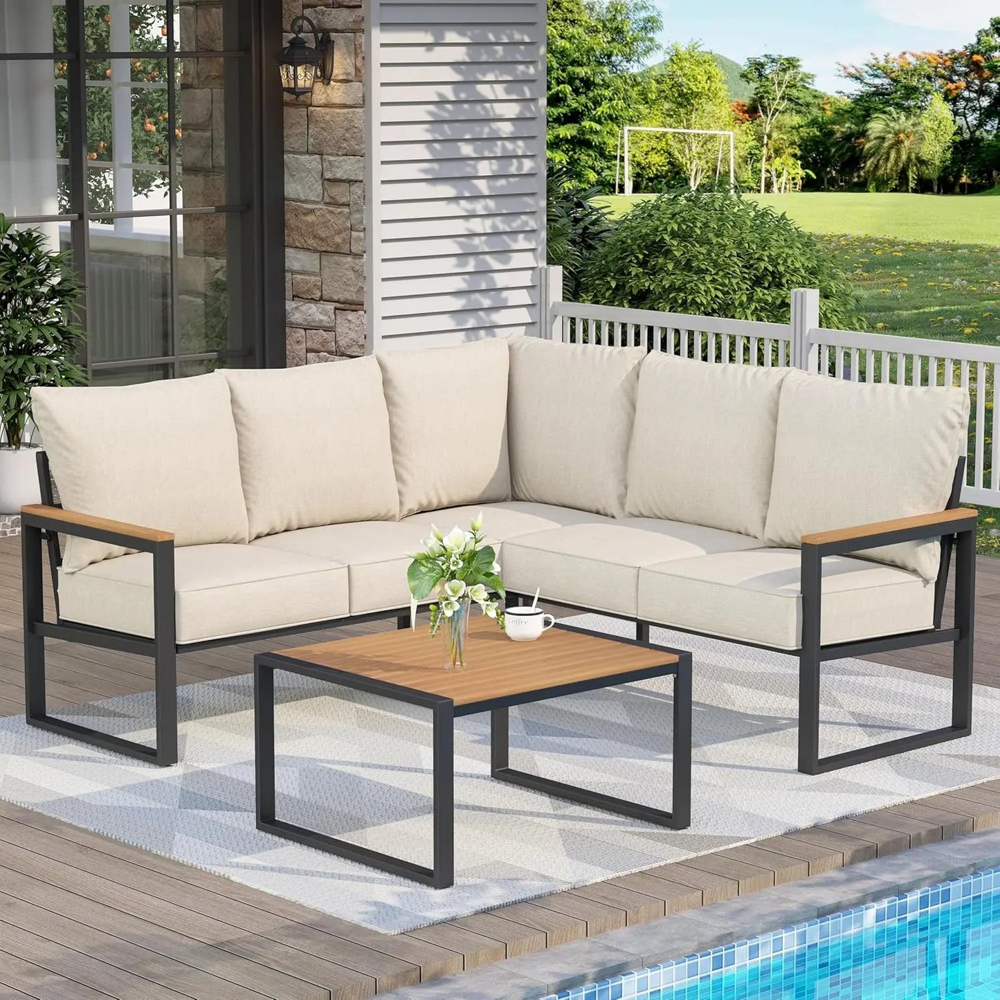 Patio 4 Piece Outdoor Conversation Set With Faux Wood Armrests
