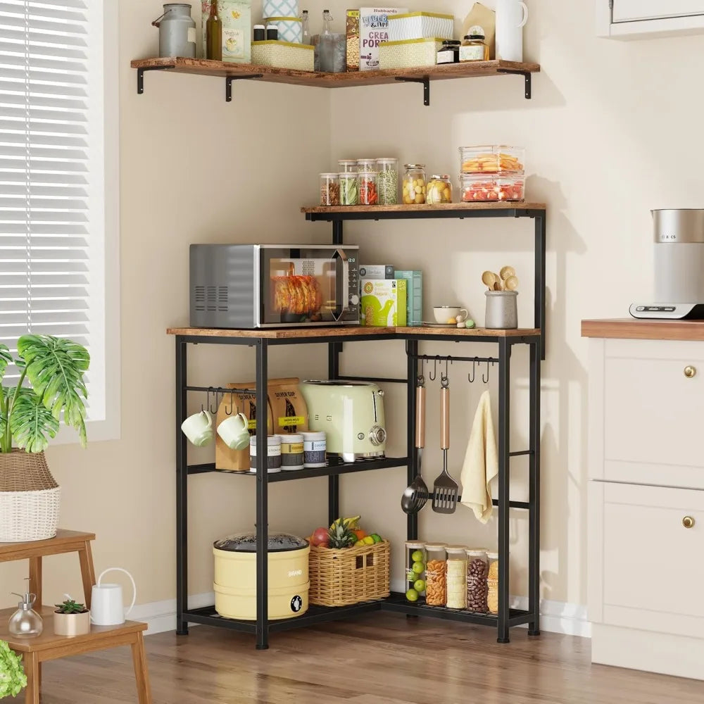 RBXC Corner Bakers Rack With Storage 4 Tiers 9 Hooks