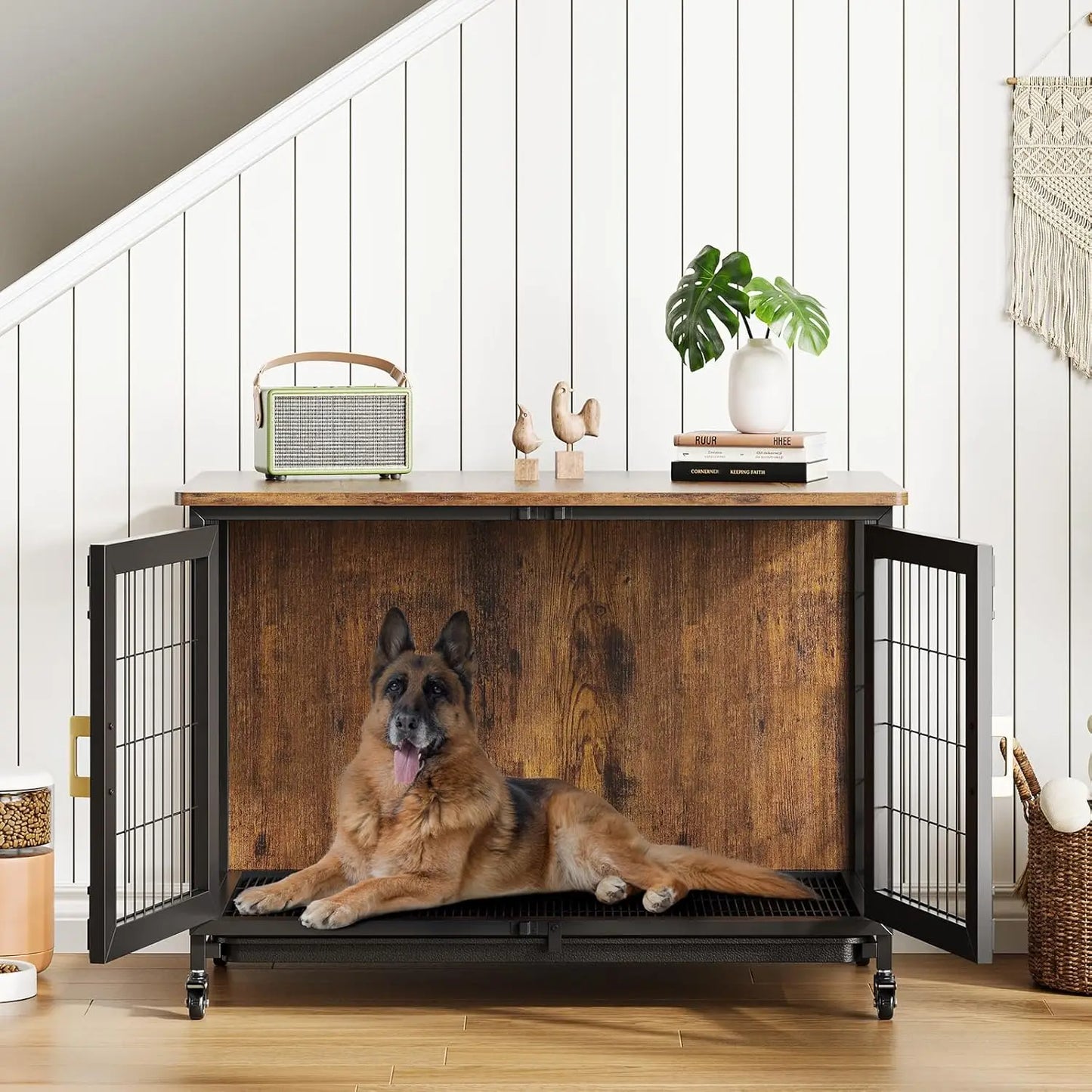 HiMISS Wooden Dog Crate With Wheels