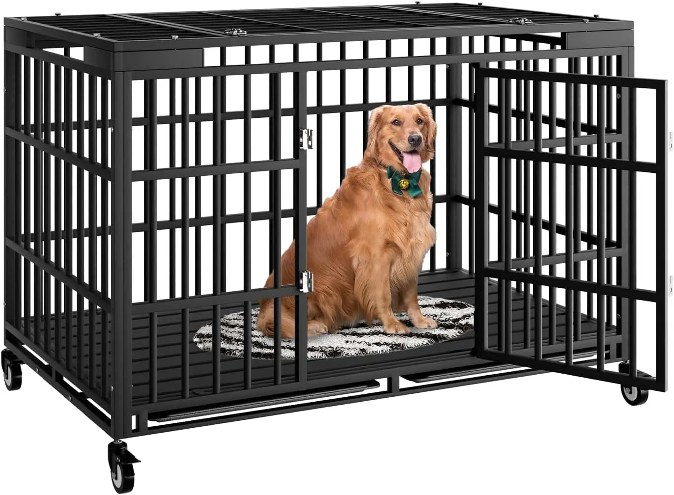 54 Inch Heavy Duty Dog Crate with Wheels, Escape-Proof Kennel with Locking Latch & Double Door, XL XXL Cage for Large Dogs