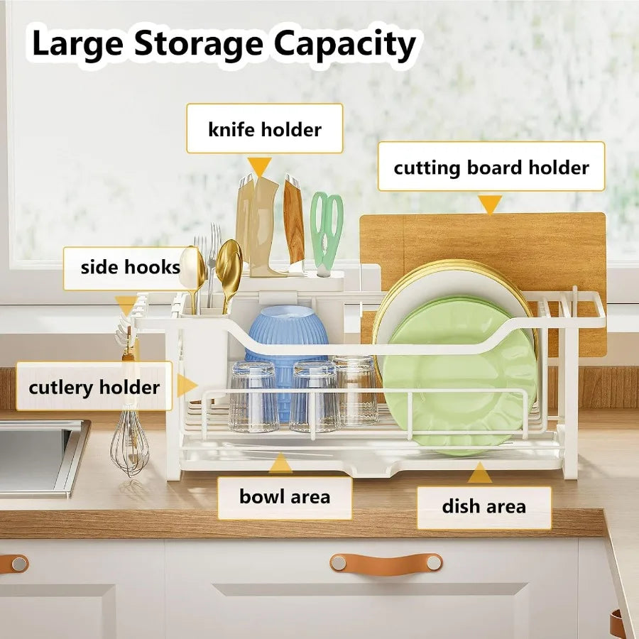 Auto Drain Narrow Dish Drying Rack With Removable Cutlery Basket