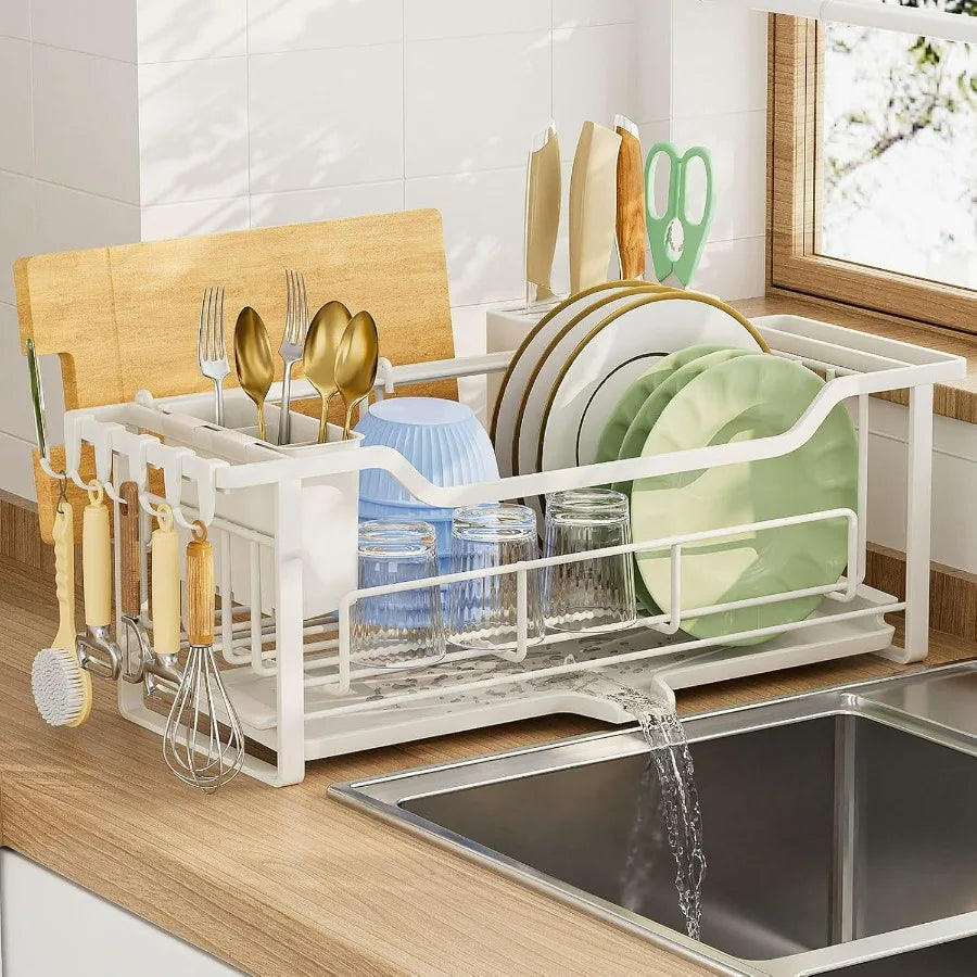 Auto Drain Narrow Dish Drying Rack With Removable Cutlery Basket