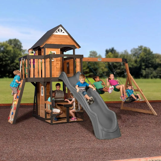 Cedar Wood Swing Set With Wave Slide Clubhouse Play Kitchen