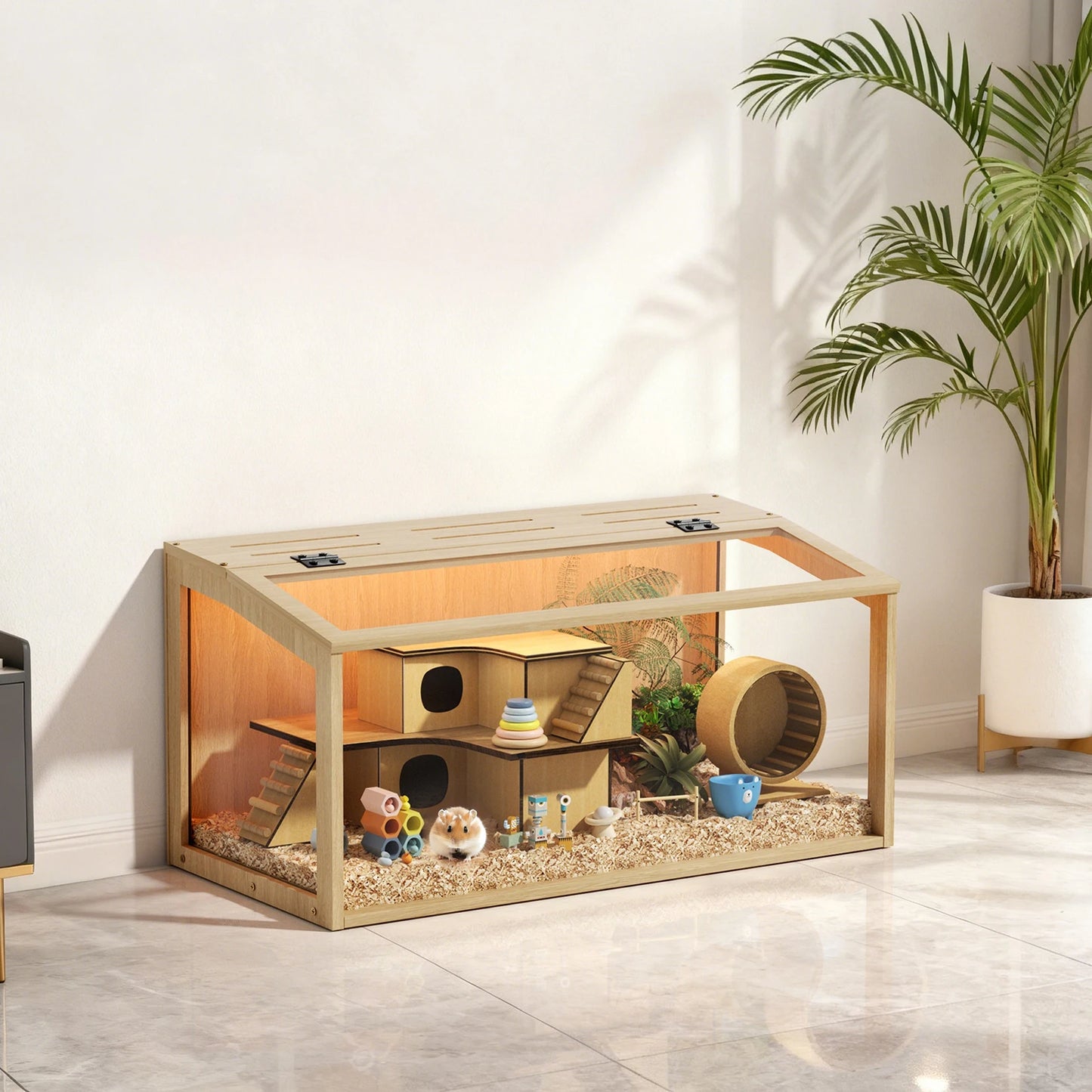 Wooden Small Animal Cage With Tempered Glass Panels