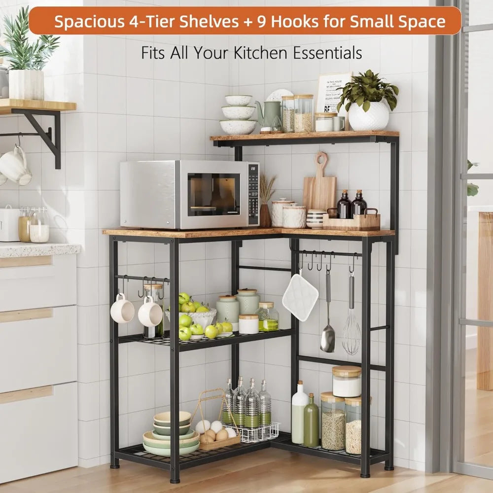 RBXC Corner Bakers Rack With Storage 4 Tiers 9 Hooks