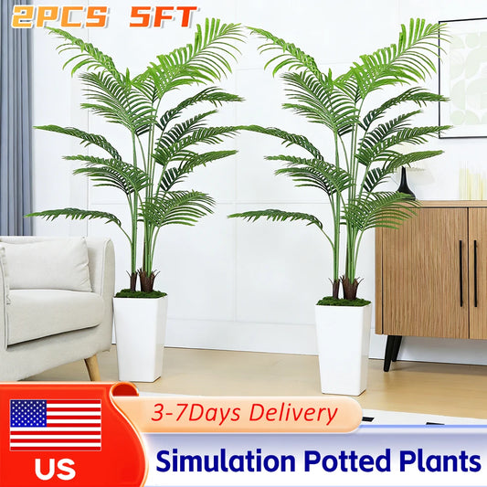 2PCS Potted Artificial Areca Palm Tree 5FT Faux Dypsis Lutescens Tropical Plant Adjustable Leaves for Indoor Outdoor Home Office