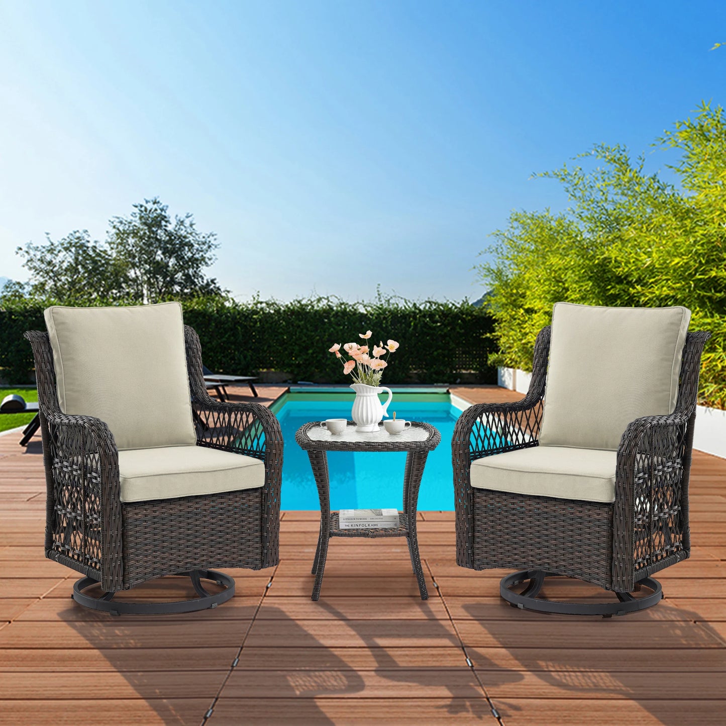 HobbyLane 3-Piece Outdoor Wicker Swivel Chair Set With Side Table