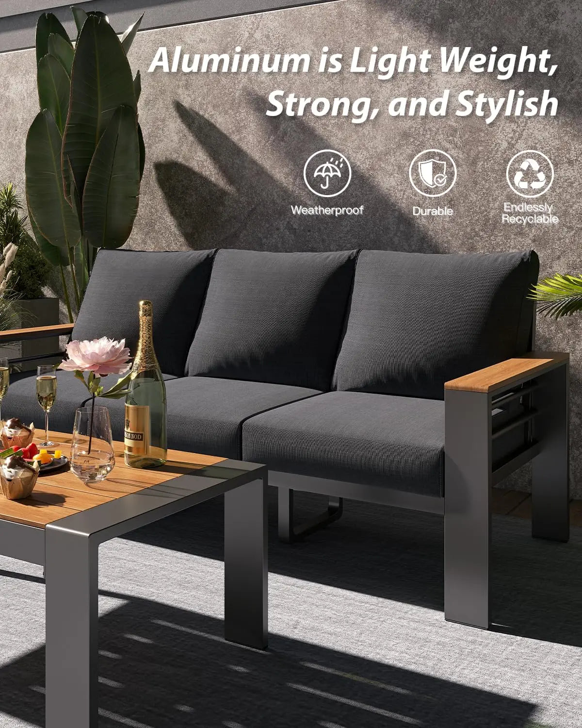Aluminum Outdoor Patio Furniture Set 5 Seat Sectional With Coffee Table