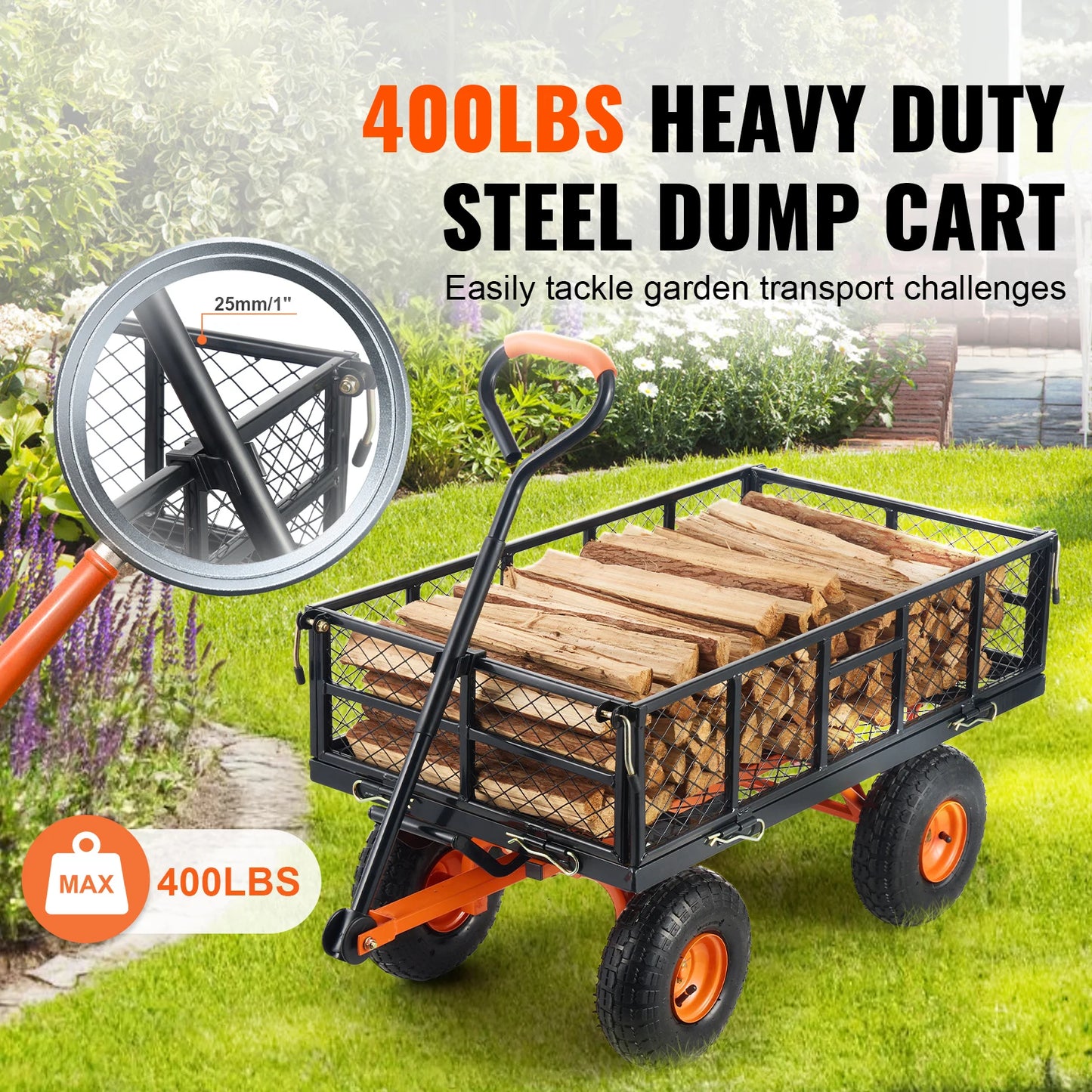 SucceBuy Garden Cart Sturdy Metal Utility Wagon Dump Cart 400/880lbs