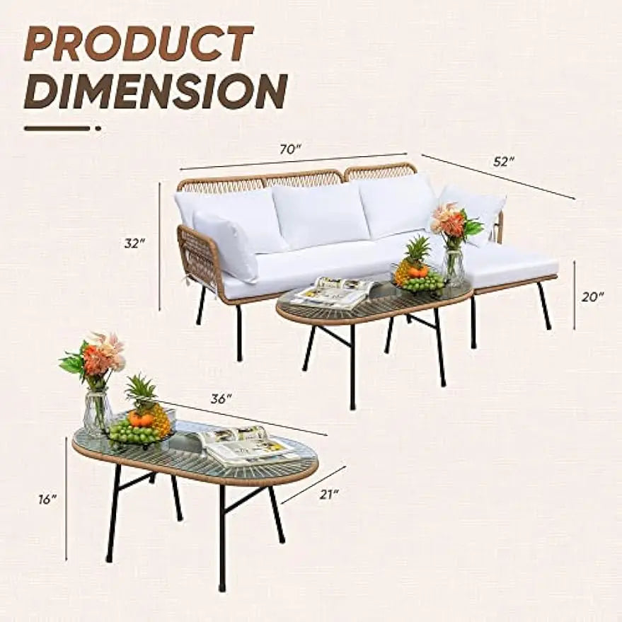 Outdoor L-Shaped Rope Sofa Set With Table And Cushions