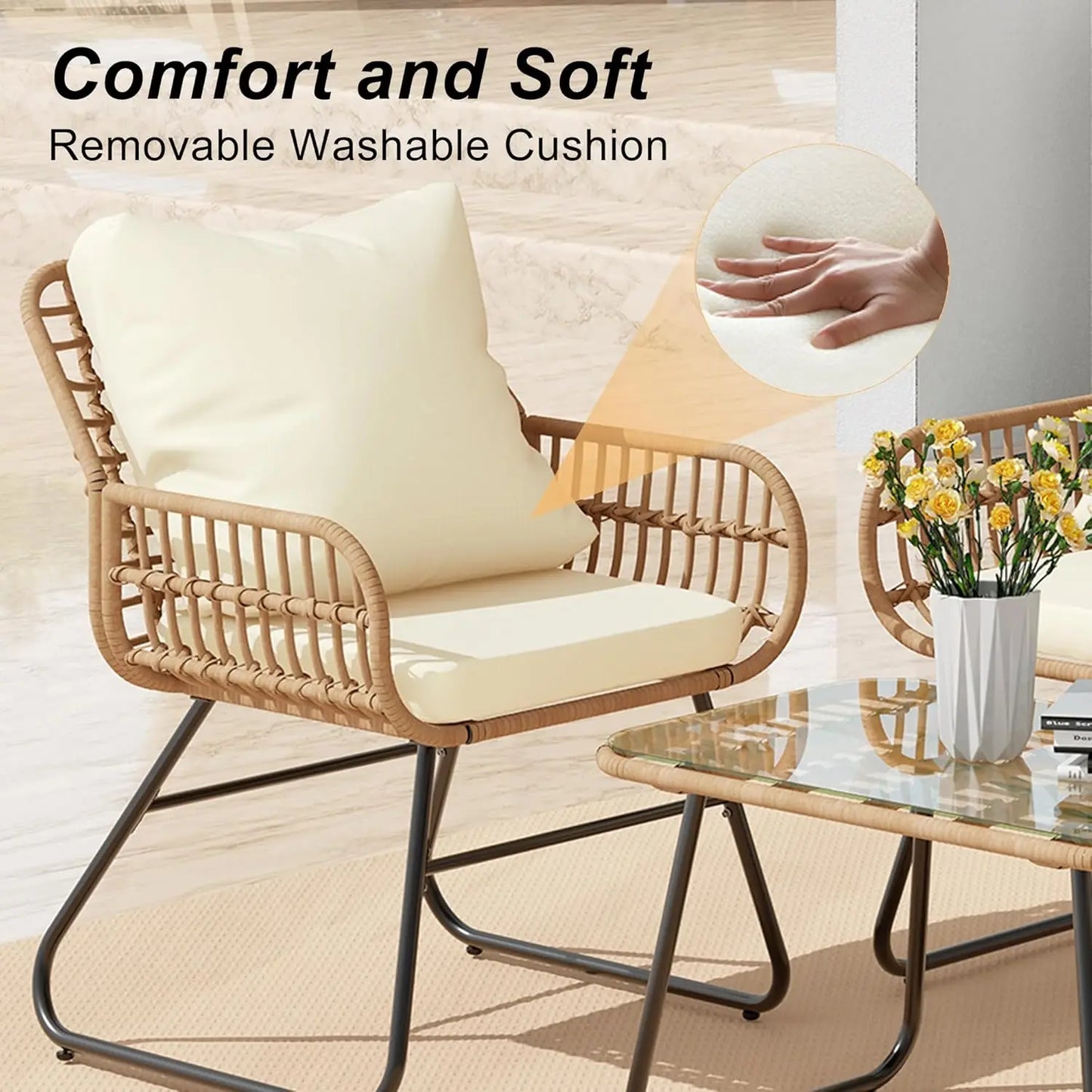 Outdoor 4-Piece Rattan Patio Set Cushions Tempered Glass Table