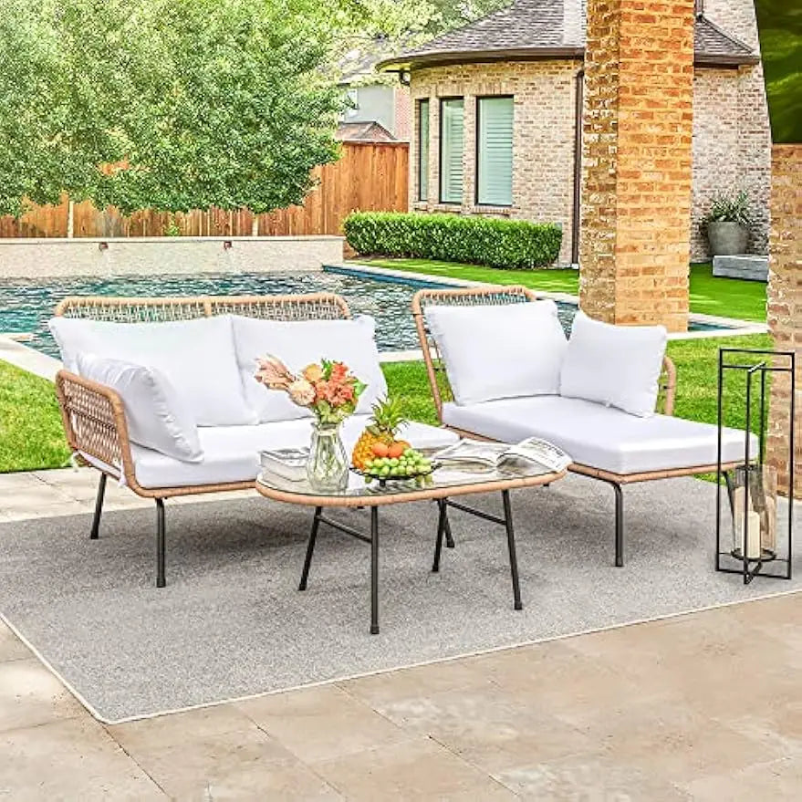 Outdoor L-Shaped Rope Sofa Set With Table And Cushions