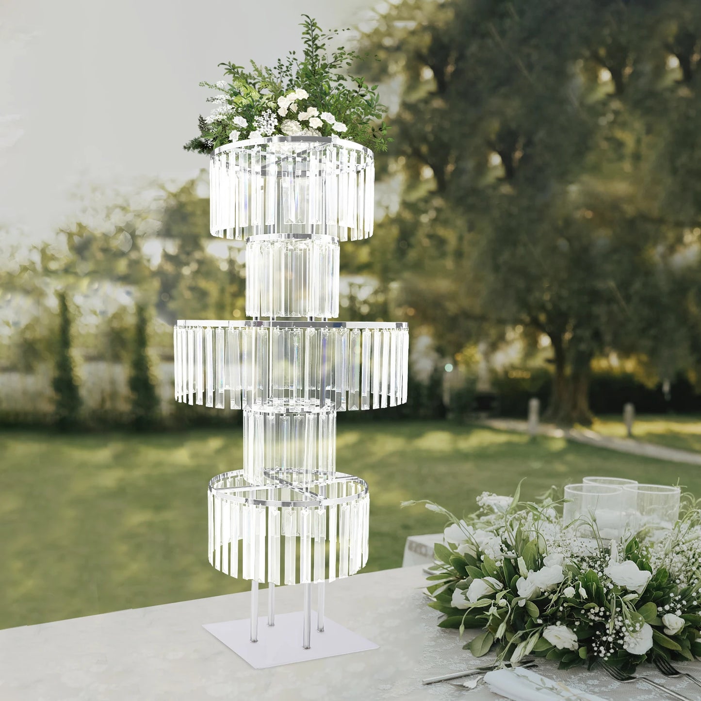 Five Tier Wedding Centerpiece Stand With Hanging Acrylic