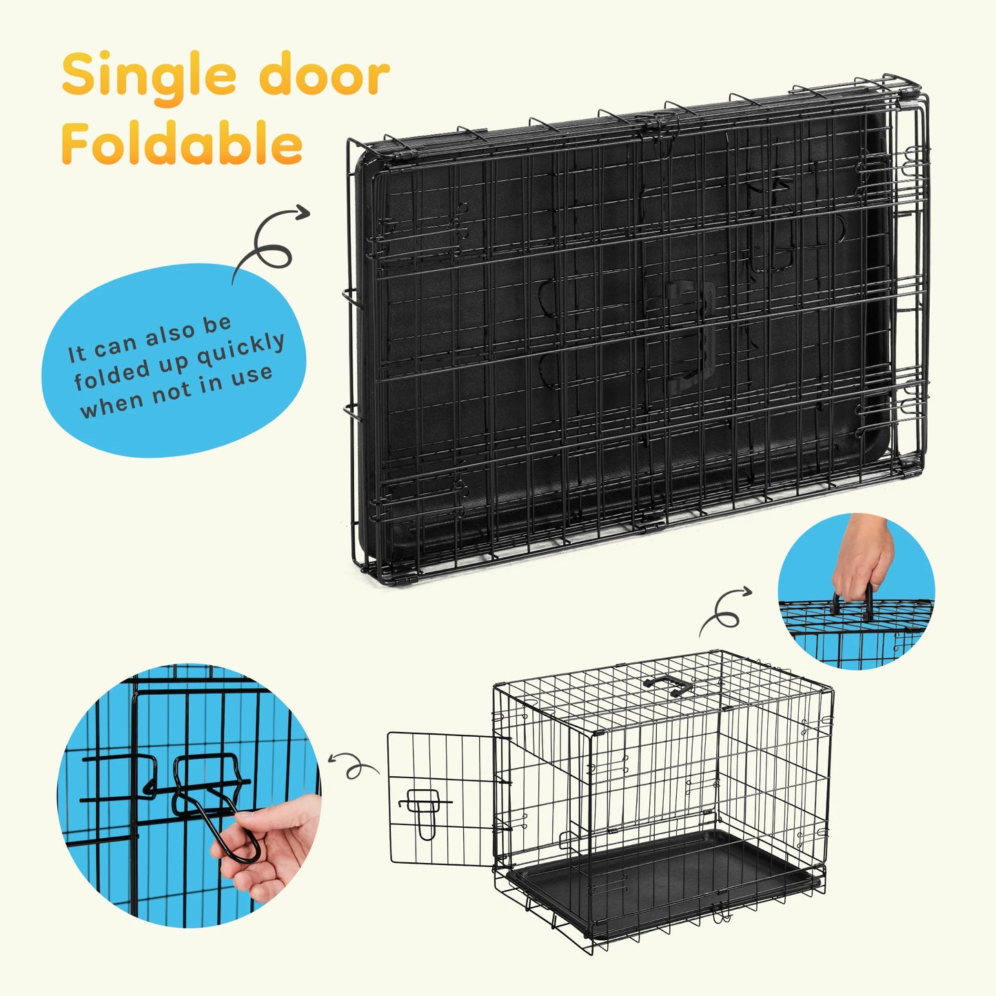 JHK Single Door Folding Metal Dog Cage With Leakproof Pan