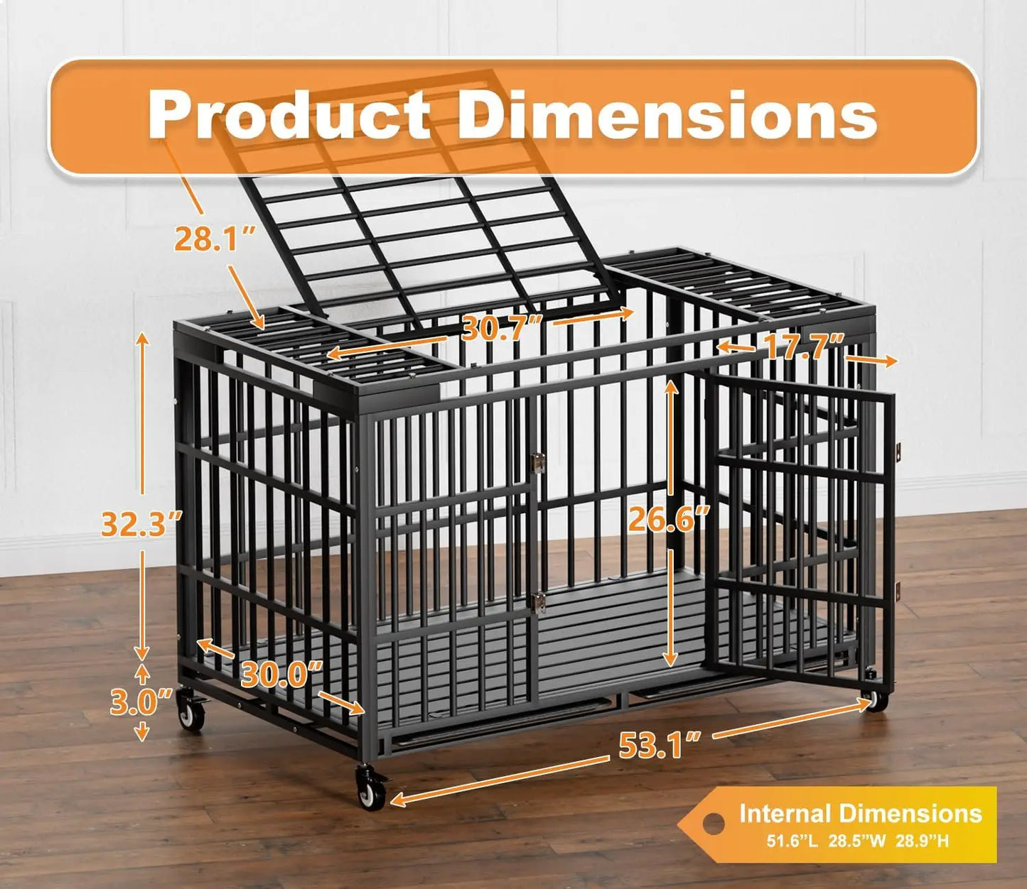54 Inch Heavy Duty Dog Crate with Wheels, Escape-Proof Kennel with Locking Latch & Double Door, XL XXL Cage for Large Dogs