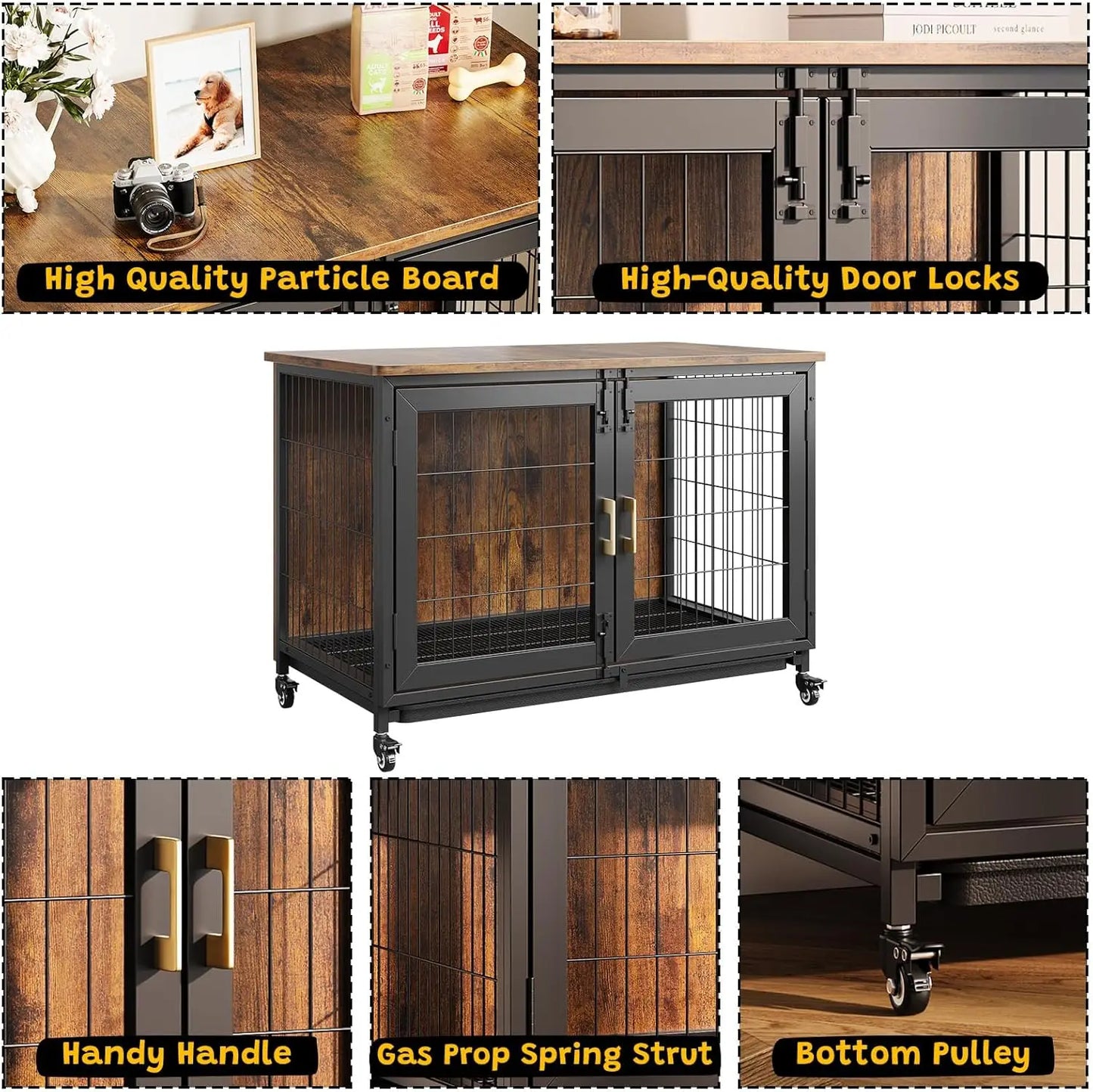 HiMISS Wooden Dog Crate With Wheels