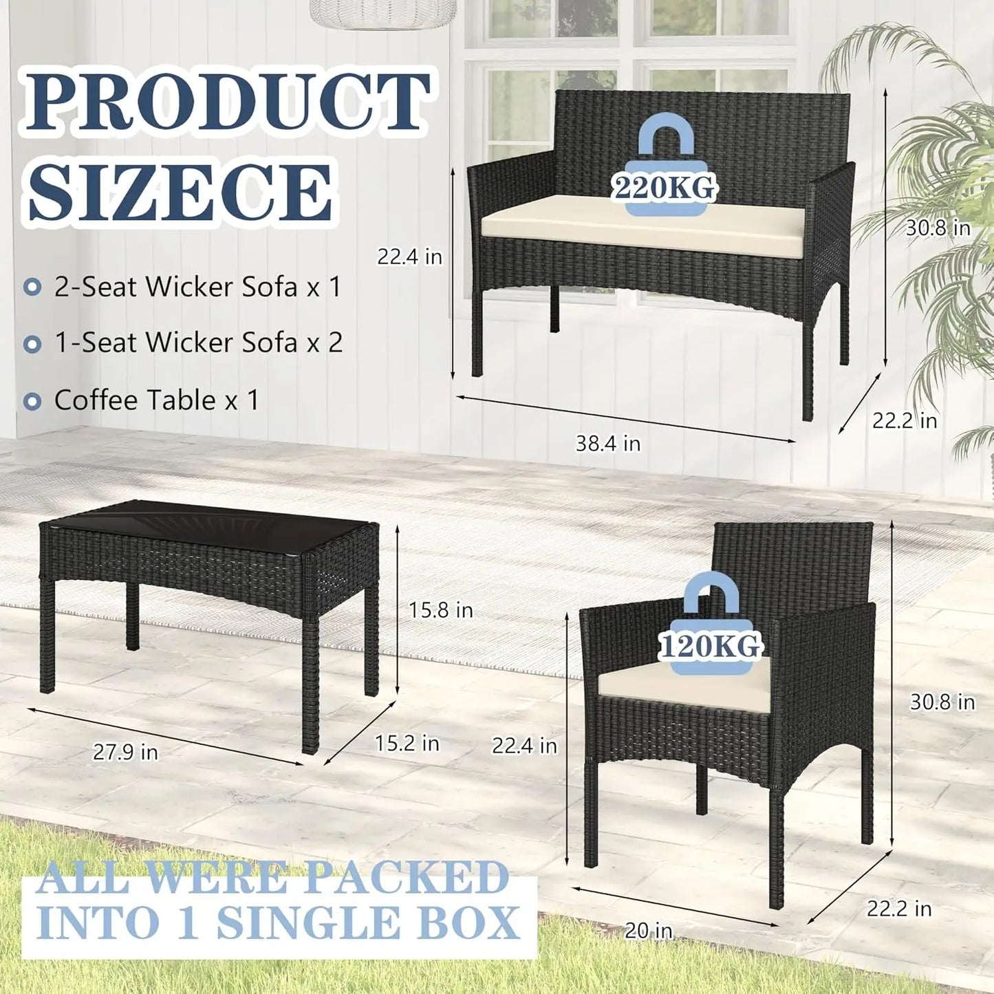 Outdoor Wicker Rattan Patio Conversation Set With Waterproof Cushions Table
