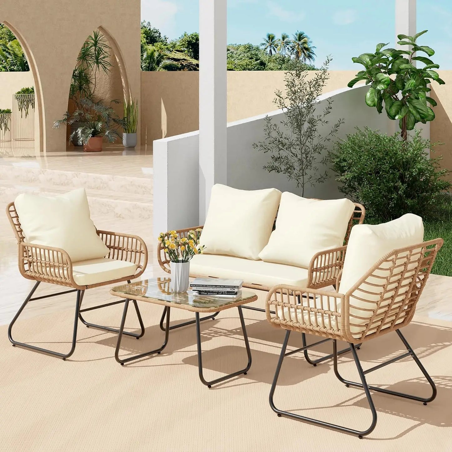 Outdoor 4-Piece Rattan Patio Set Cushions Tempered Glass Table