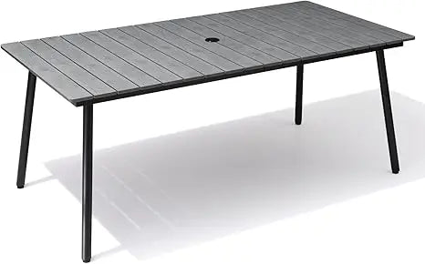 Outdoor Dining Table for 6 With Aluminum Frame and Wood Look Top Umbrella Hole
