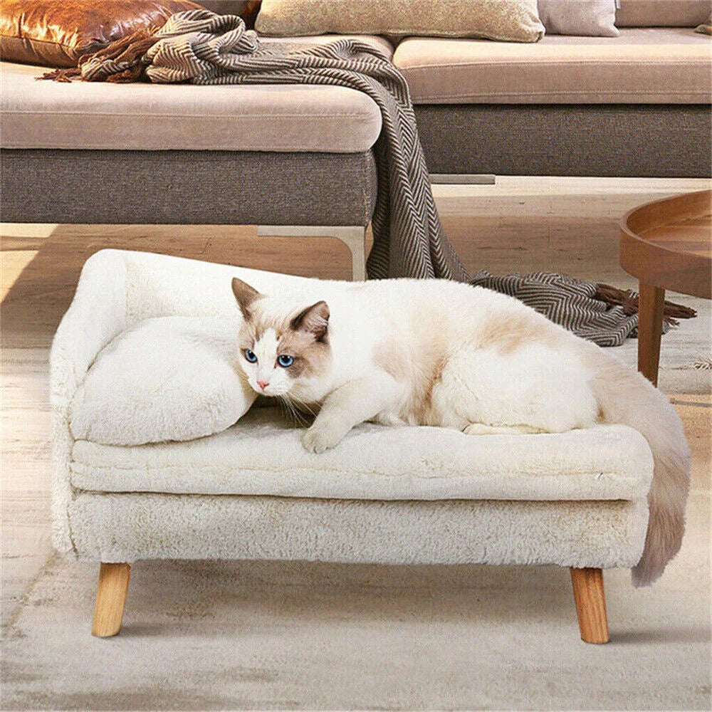 BORWARTCN Luxury Elevated Dog Sofa Bed With Backrest Plush Cushion Wooden Legs